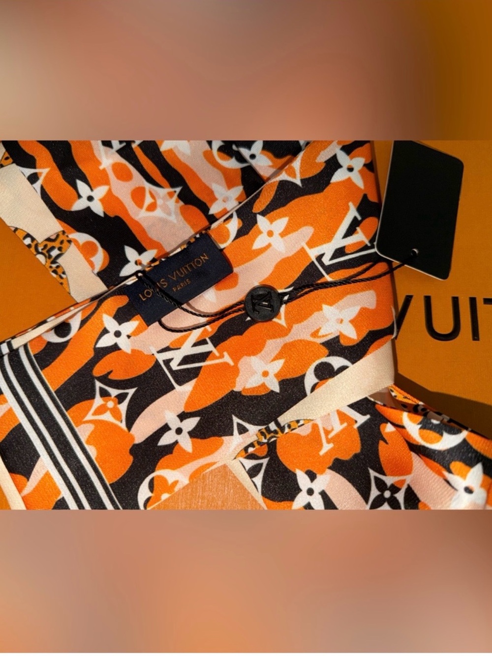 Louis Vuitton Monogram Orange & Cream Silk Twilly Scarf - Picture 6 of 7